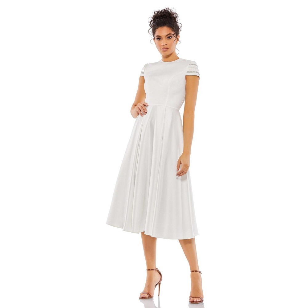 IEENA for Mac Duggal 55699 High Neck Cap Sleeve Tea Length White Dress Size 2